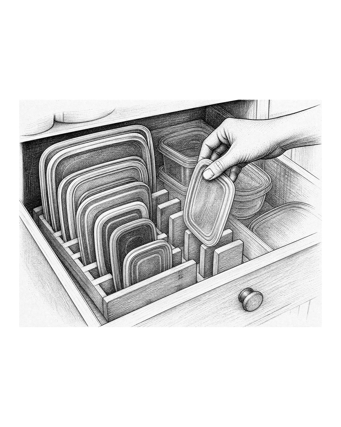 A kitchen drawer with plastic container lids neatly organized vertically in a bamboo plate rack.