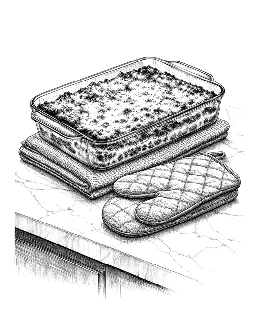 Vintage line art of a person placing a glass baking dish onto a dry cloth trivet on a kitchen counter.