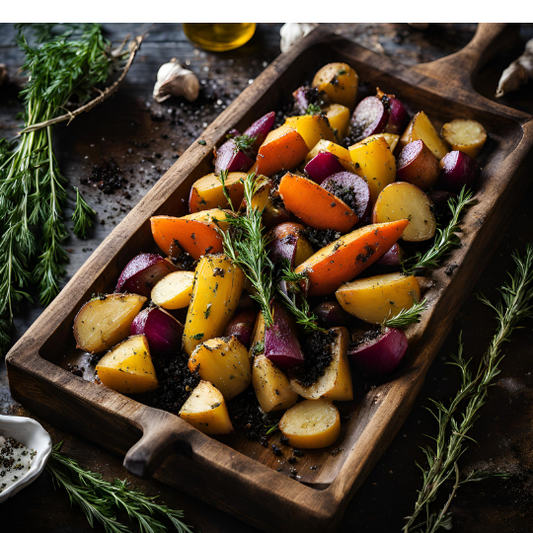 Herb and Garlic Roasted Root Vegetables with Cyprus Black Flake Salt