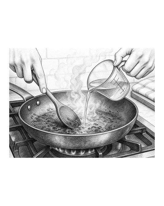 A wooden spoon scraping browned bits from the bottom of a hot skillet as liquid is poured in.
