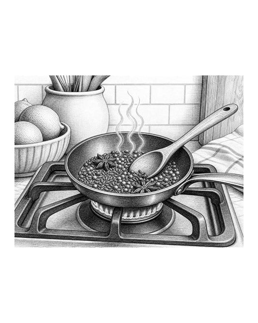 A small skillet on a stovetop with whole spices being toasted, showing a wooden spoon stirring them.