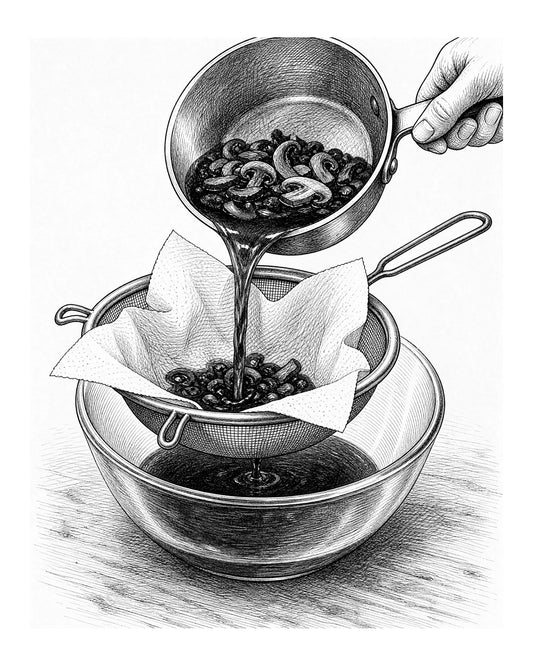 Pouring dark mushroom soaking liquid from a small saucepan through a paper towel lined fine mesh strainer into a bowl