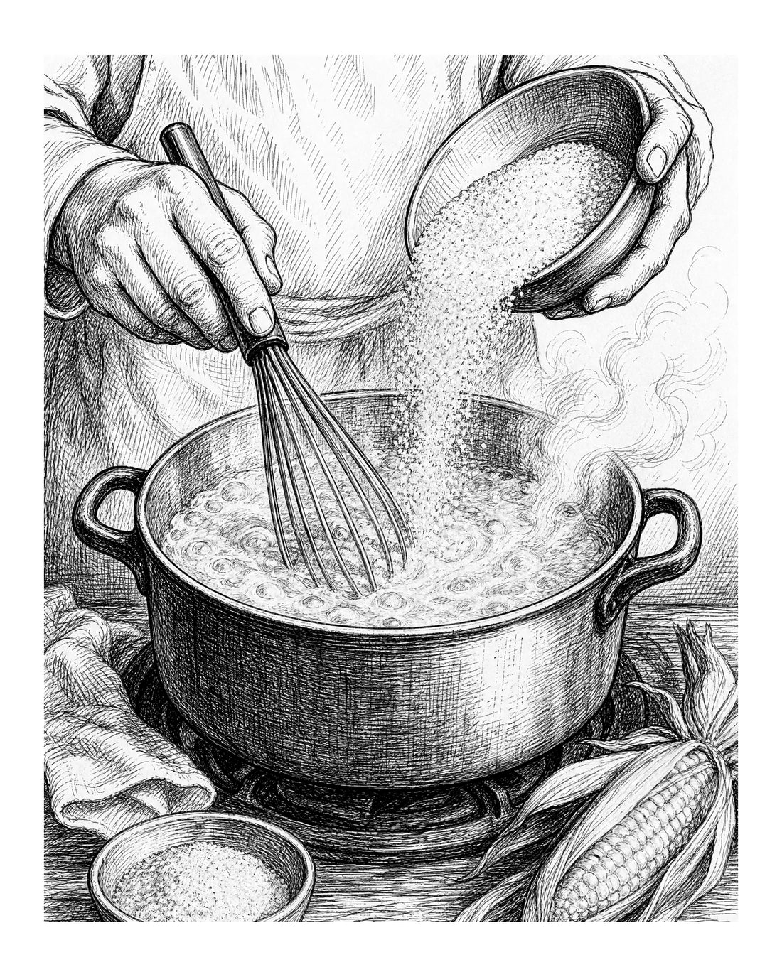 hands whisking a pot of boiling liquid as cornmeal is poured in a slow steady stream from above