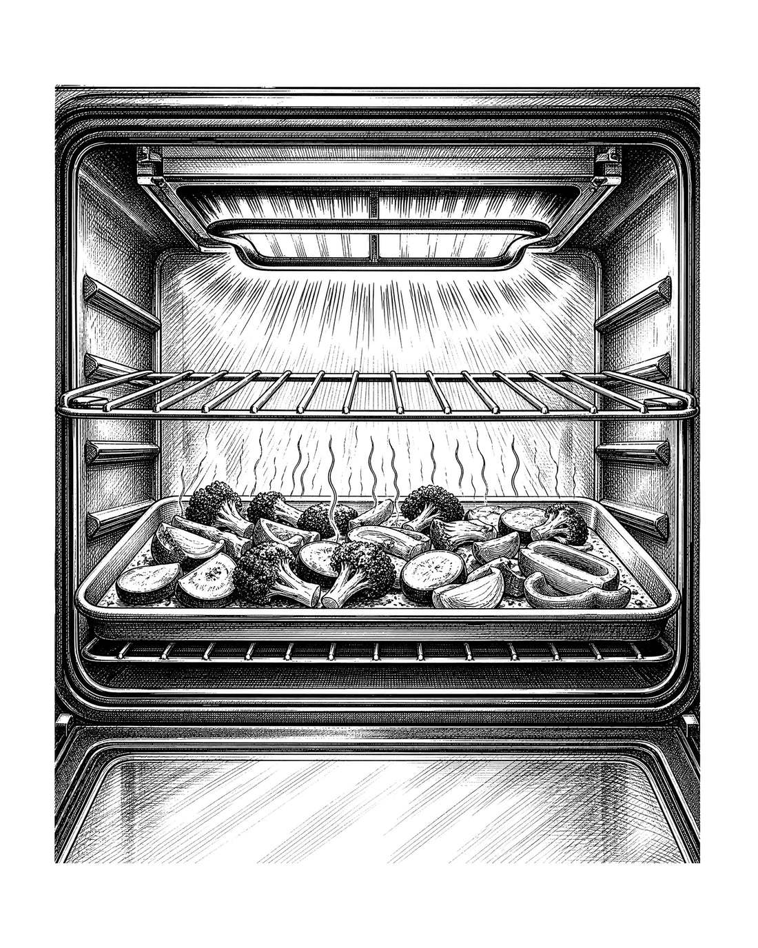 oven rack positioned a few inches below a glowing broiler element holding a heavy pan