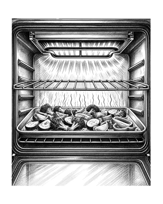 oven rack positioned a few inches below a glowing broiler element holding a heavy pan