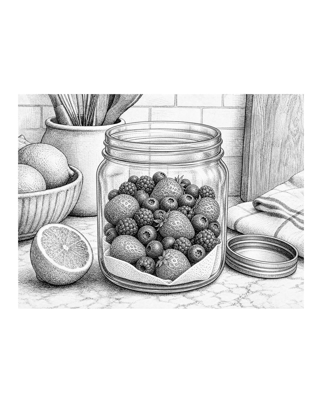 A clean glass jar lined with a paper towel, holding fresh berries loosely packed inside, with a lid resting nearby.