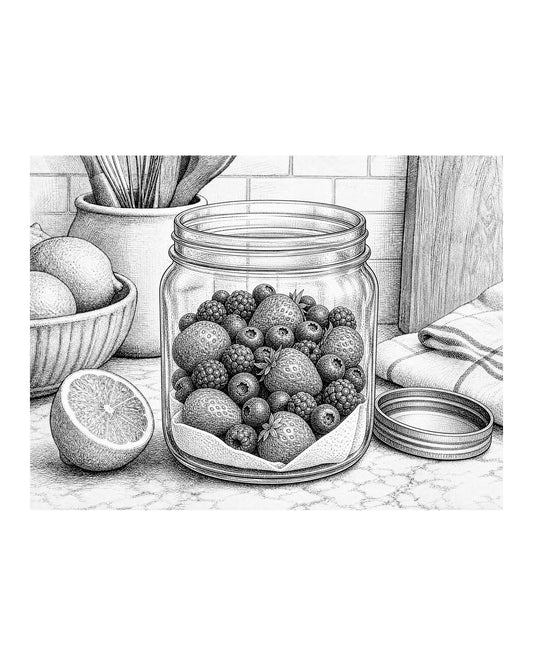 A clean glass jar lined with a paper towel, holding fresh berries loosely packed inside, with a lid resting nearby.