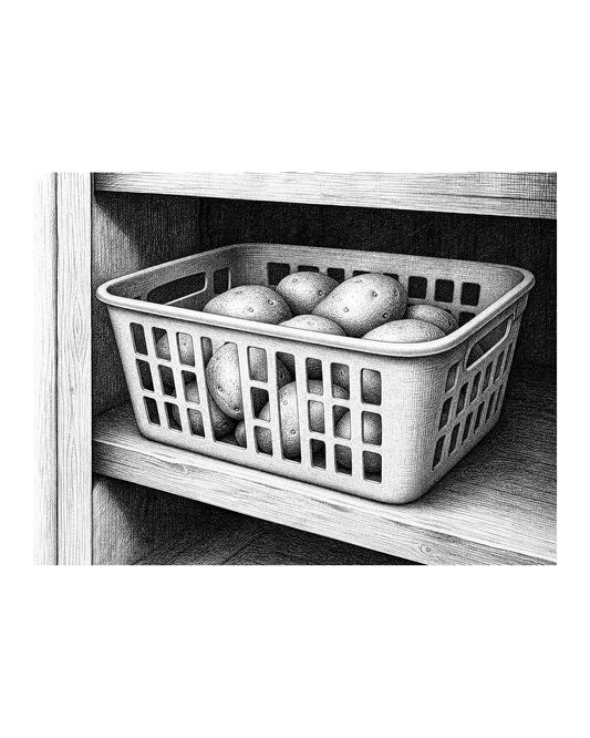 A well-ventilated basket of potatoes stored in a cool, dark pantry, kept away from apples and other fruits.