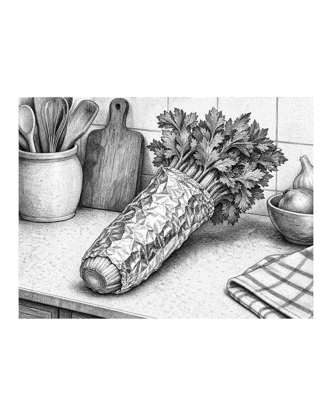 A bunch of celery wrapped tightly in aluminum foil, with the top leaves exposed.