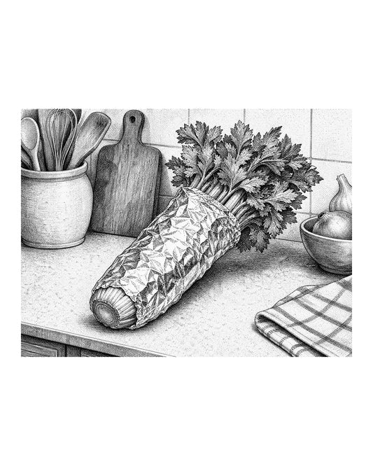 A bunch of celery wrapped tightly in aluminum foil, with the top leaves exposed.