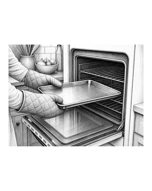 A hot sheet pan being pulled from the oven with a potholder, ready for vegetables.