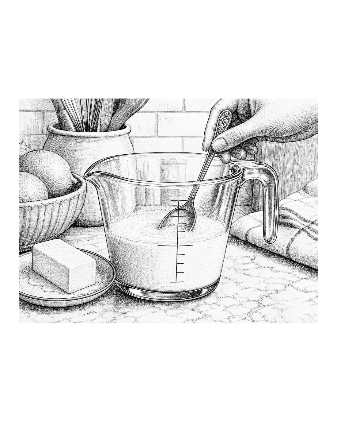 A measuring cup with milk and butter being mixed together.
