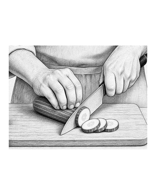 A person's hand holding a vegetable on a cutting board with fingers curled under and knuckles forward, while the other hand holds a chef's knife.