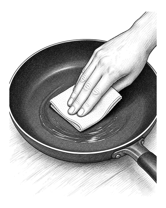 A hand using a folded paper towel to spread a thin layer of oil inside a cool nonstick skillet.