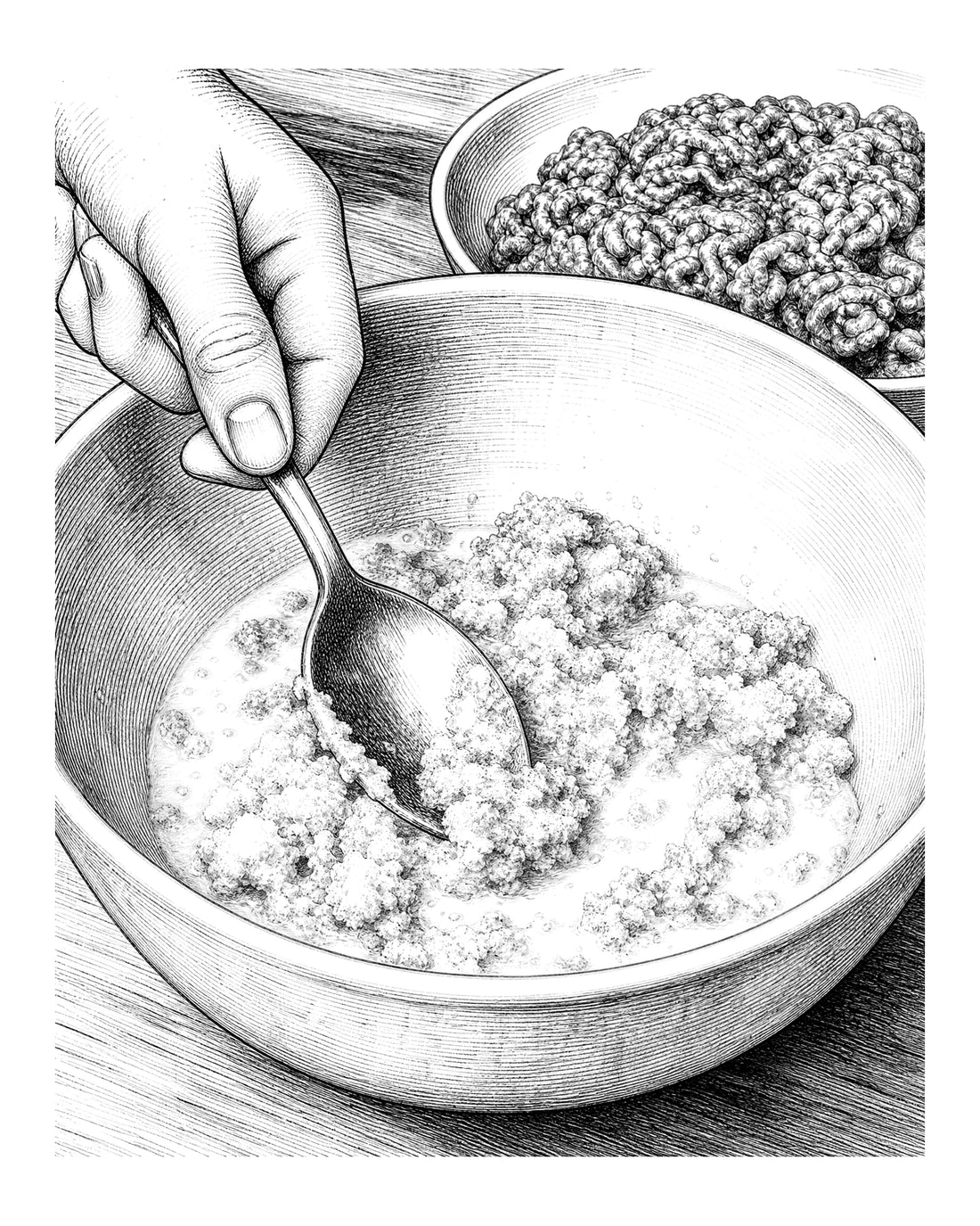 A spoon mashes milk-soaked breadcrumbs into a paste in a bowl, with ground meat nearby.