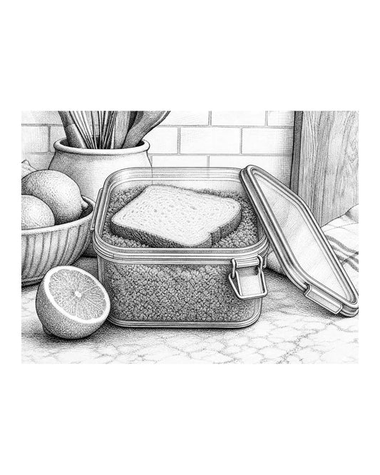 A slice of bread resting on top of hardened brown sugar inside an airtight container.