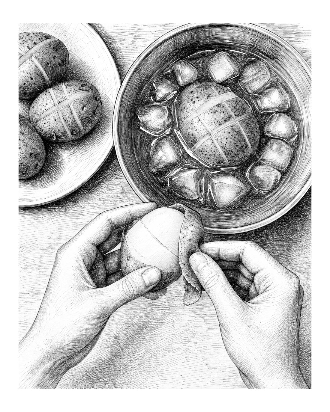 Hands slide the loosened skin from a boiled potato beside an ice bath.