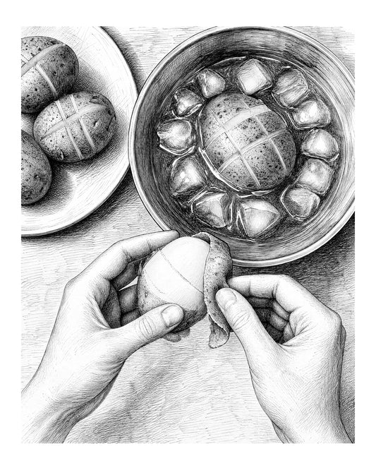 Hands slide the loosened skin from a boiled potato beside an ice bath.