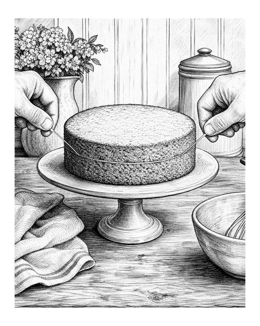 two hands pulling crossed dental floss taut across a round cake to slice the layer