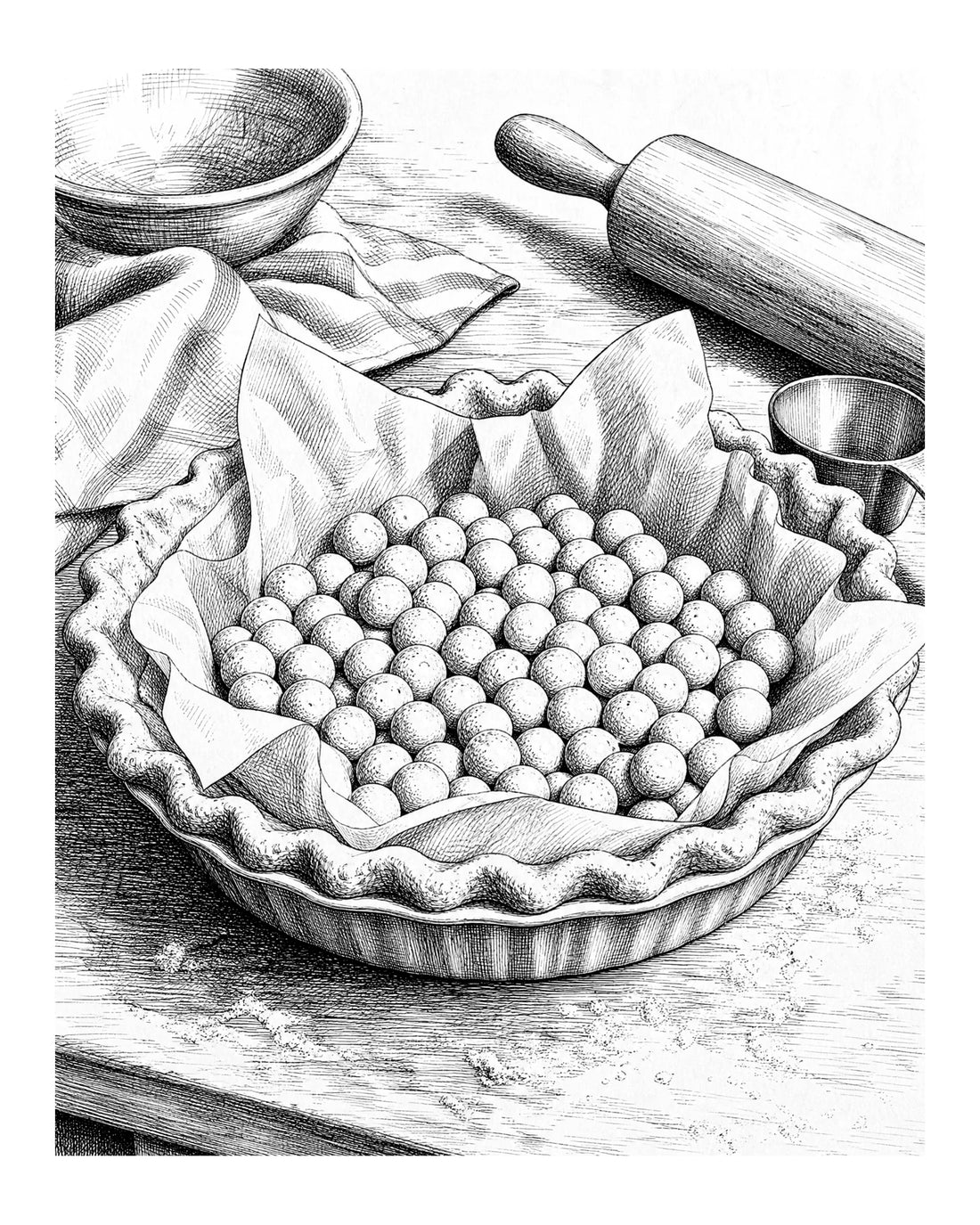 Filling a parchment lined pie crust in a pie dish with ceramic pie weights
