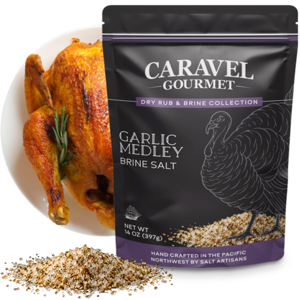 Caravel Gourmet Garlic Medley Dry Rub Turkey Brine Salt 14 oz pouch