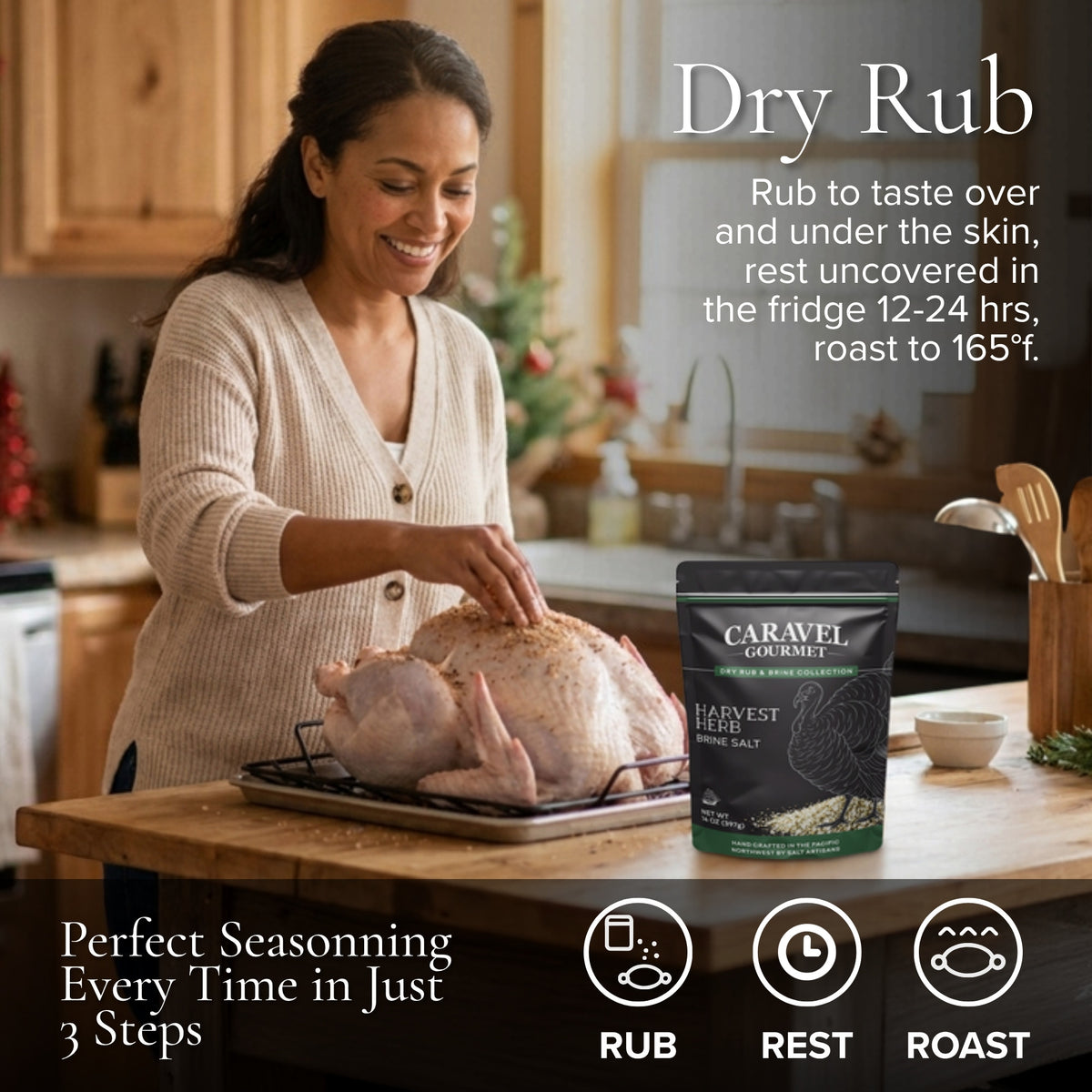 Dry rub method: rub, rest, roast