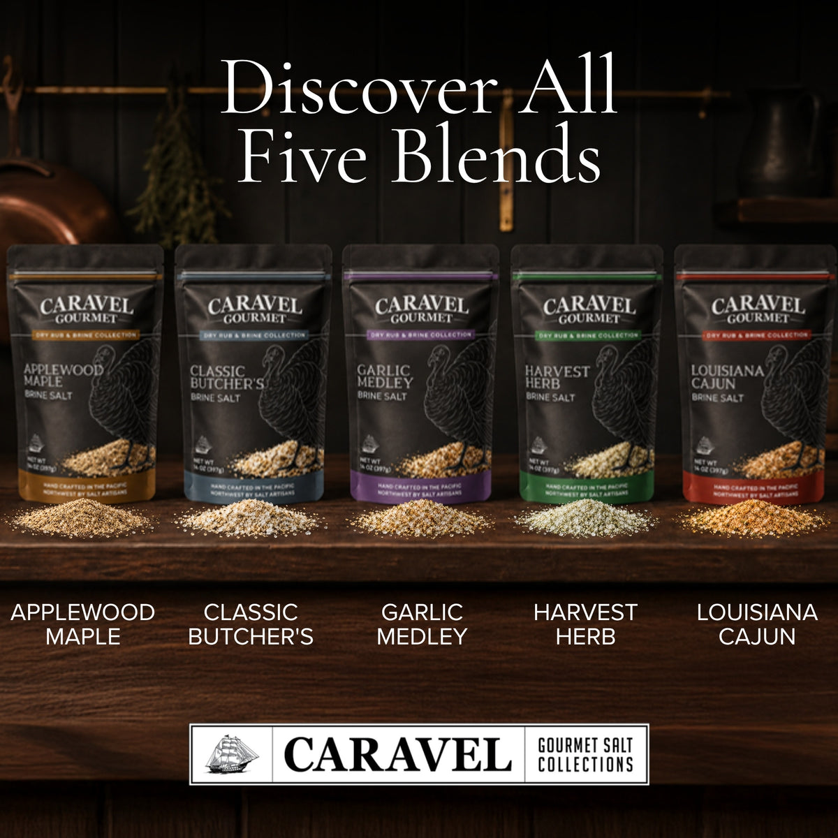 All five Caravel Gourmet turkey brine blends
