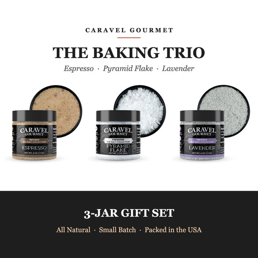 Caravel Gourmet Baking Trio - Espresso Sea Salt, Pyramid Flake Sea Salt and Lavender Sea Salt jars