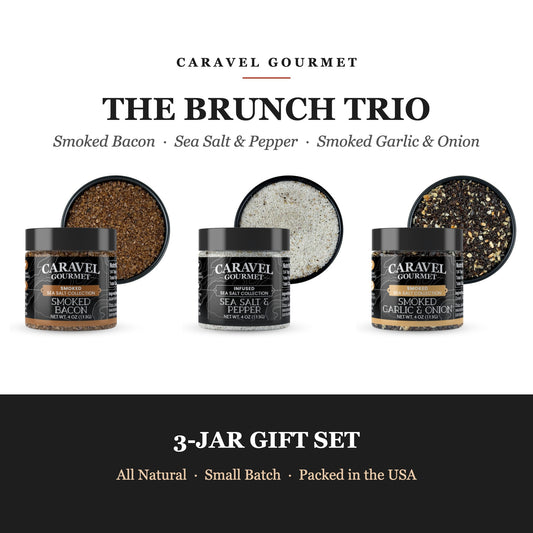 Caravel Gourmet Brunch Trio - Smoked Bacon, Sea Salt and Pepper, and Smoked Garlic and Onion Sea Salt 4 oz jars