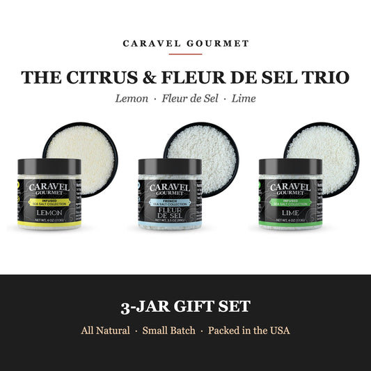Caravel Gourmet Citrus and Fleur de Sel Trio - Lemon Sea Salt, French Fleur de Sel and Lime Sea Salt jars